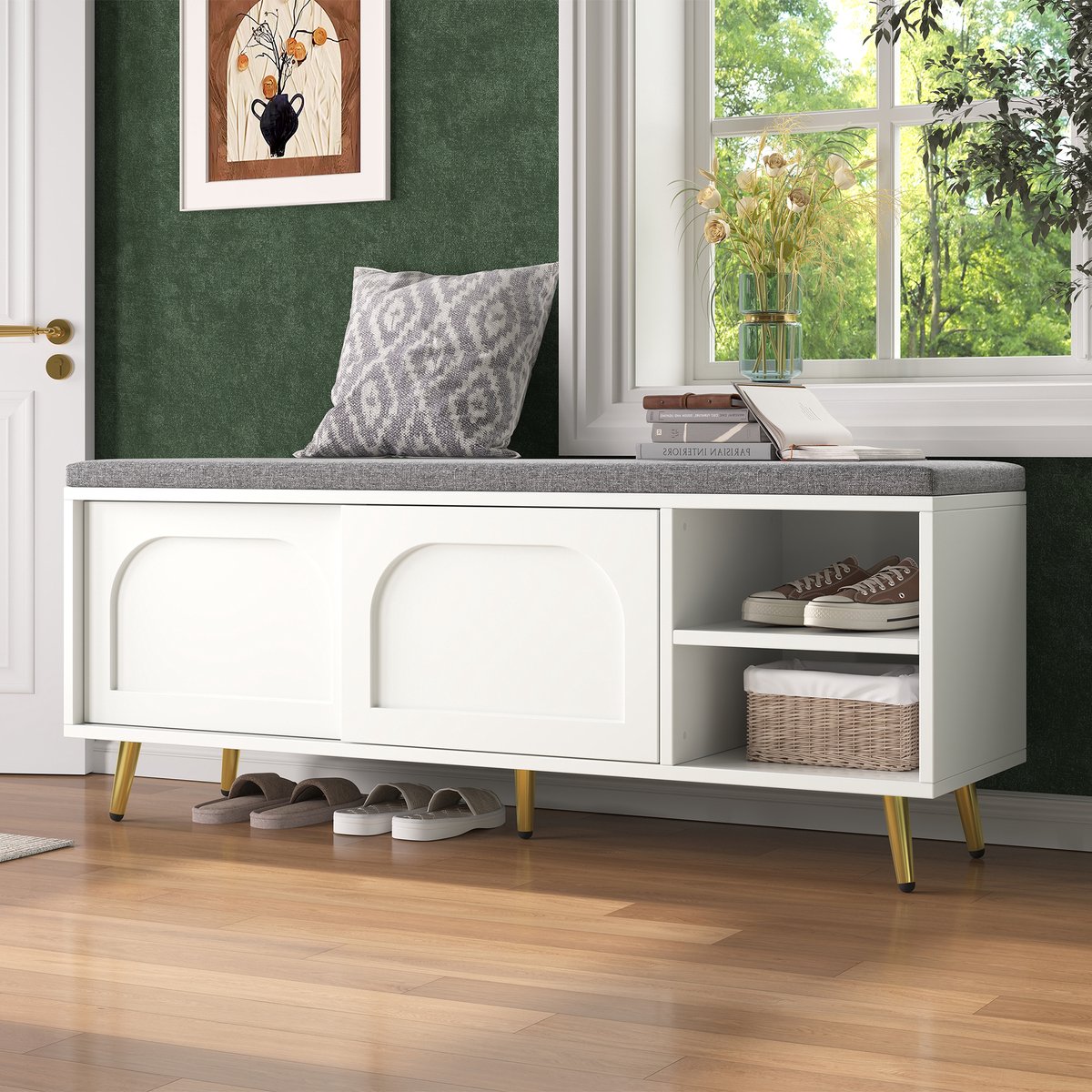 MODENUIT Schoenenbank - Met Zitkussen En Opbergruimte - Voor Hal En Slaapkamer - Spaanplaat Wit - 121x35x49 Cm