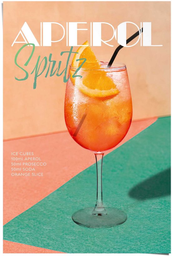 Poster avec un cocktail Aperol Spritz, texte 'APEROL Spritz' et ingrédients.