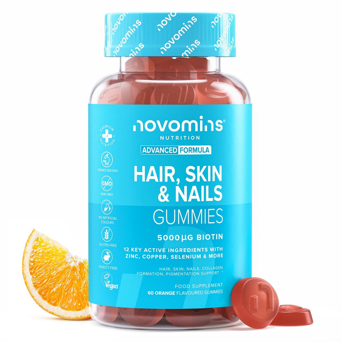 Haar, Huid & Nagels, Biotine & Zink, 60 Gummies, Vegan, Halal, Getest door Eurofins, Novomins