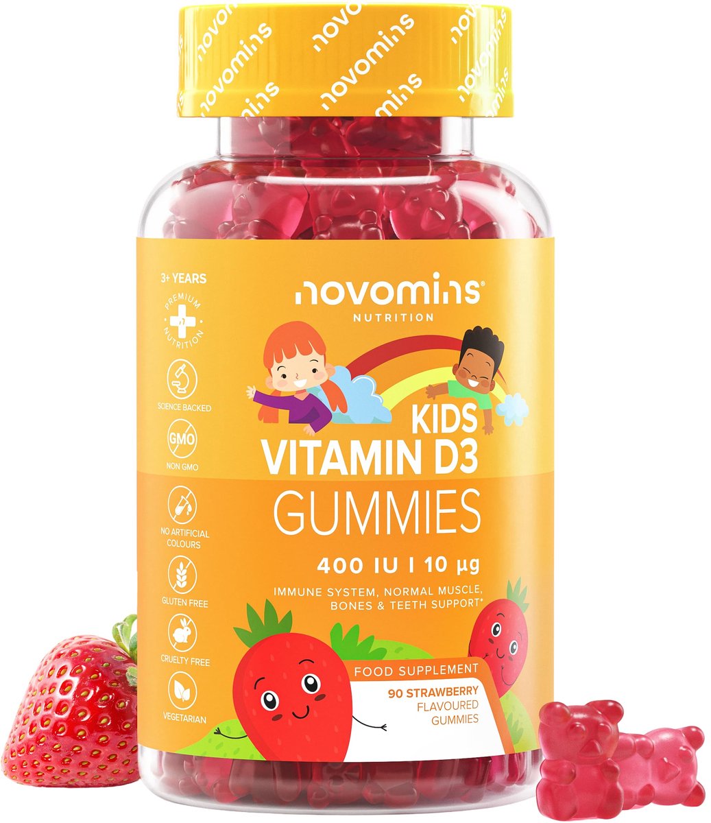 Kinder Vitamine D, 400 IE Vitamine D3, 90 Gummies, Vegetarisch, Halal, Getest door Eurofins, Novomins