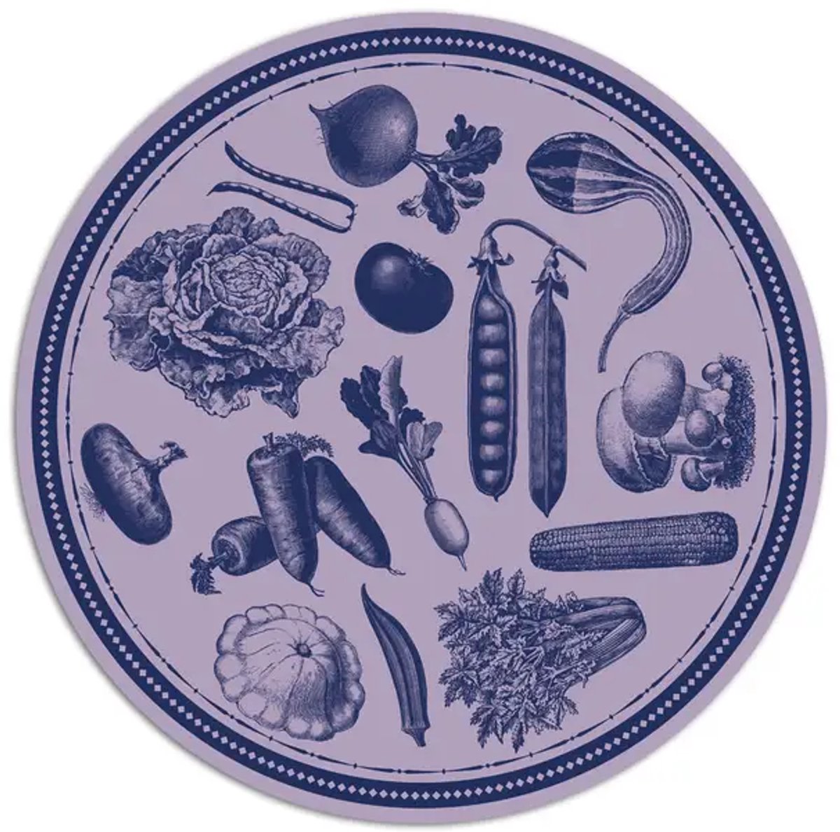 Ronde gekleurde PVC Placemat Vintage Veg - Lila Blauw – Ø35 cm – Afwasbare Tafel Placemat – Made in Italy