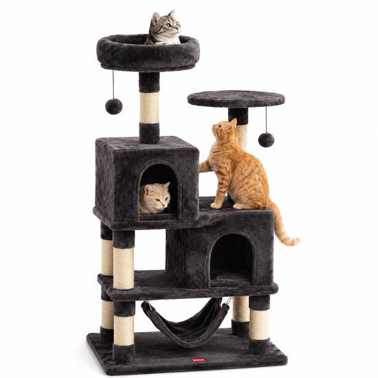 Donkergrijze krabpaal van 140 cm hoog met meerdere zitplaatsen, een hangmat, twee huisjes en speeltjes. Er zitten 4 katten op.