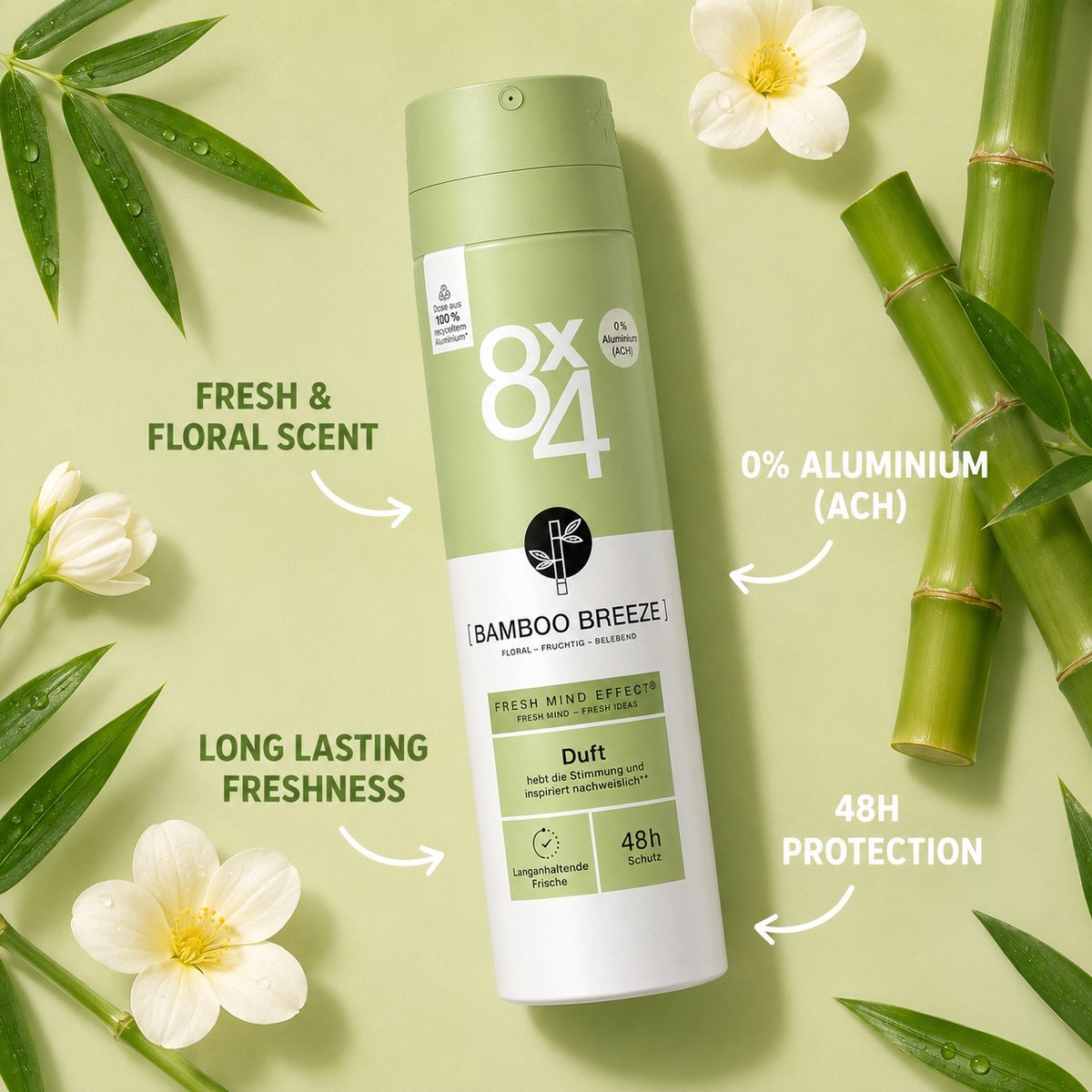 8X4 Deodorant Spray - Verfrissend- Bamboo Breeze - Zonder Aluminium - 48u Bescherming - 150 ml