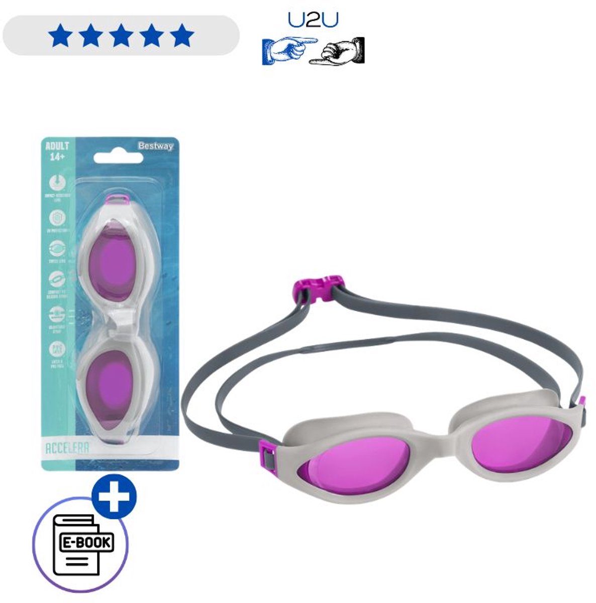 Bestway Zwembril 21077 Roze - Comfortabele Swimming Goggles Met UV Bescherming En Anti Fog Lenzen - Verstelbare Zwembril Voor Zwembad Strand En Watersport Vanaf 14 Jaar Met Ebook