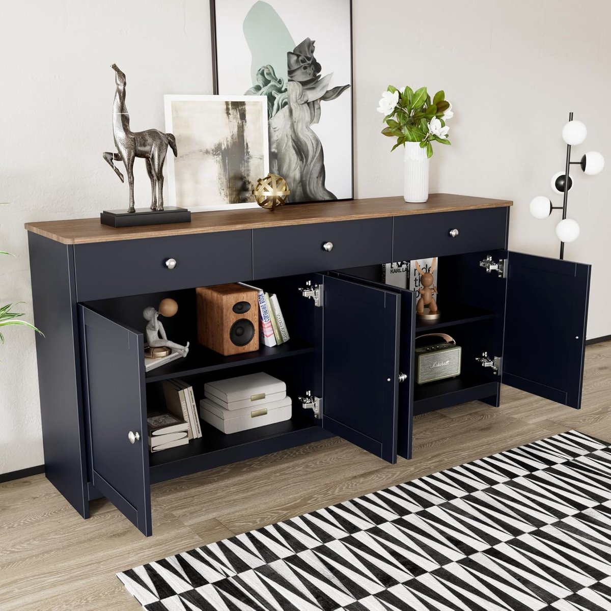 Nordic WoodLine Dressoir – Modern Rustiek Sideboard Kast 160 cm Grijs/Zwart Houtnerf met 4 Deuren, 3 Lades en Verstelbare Planken