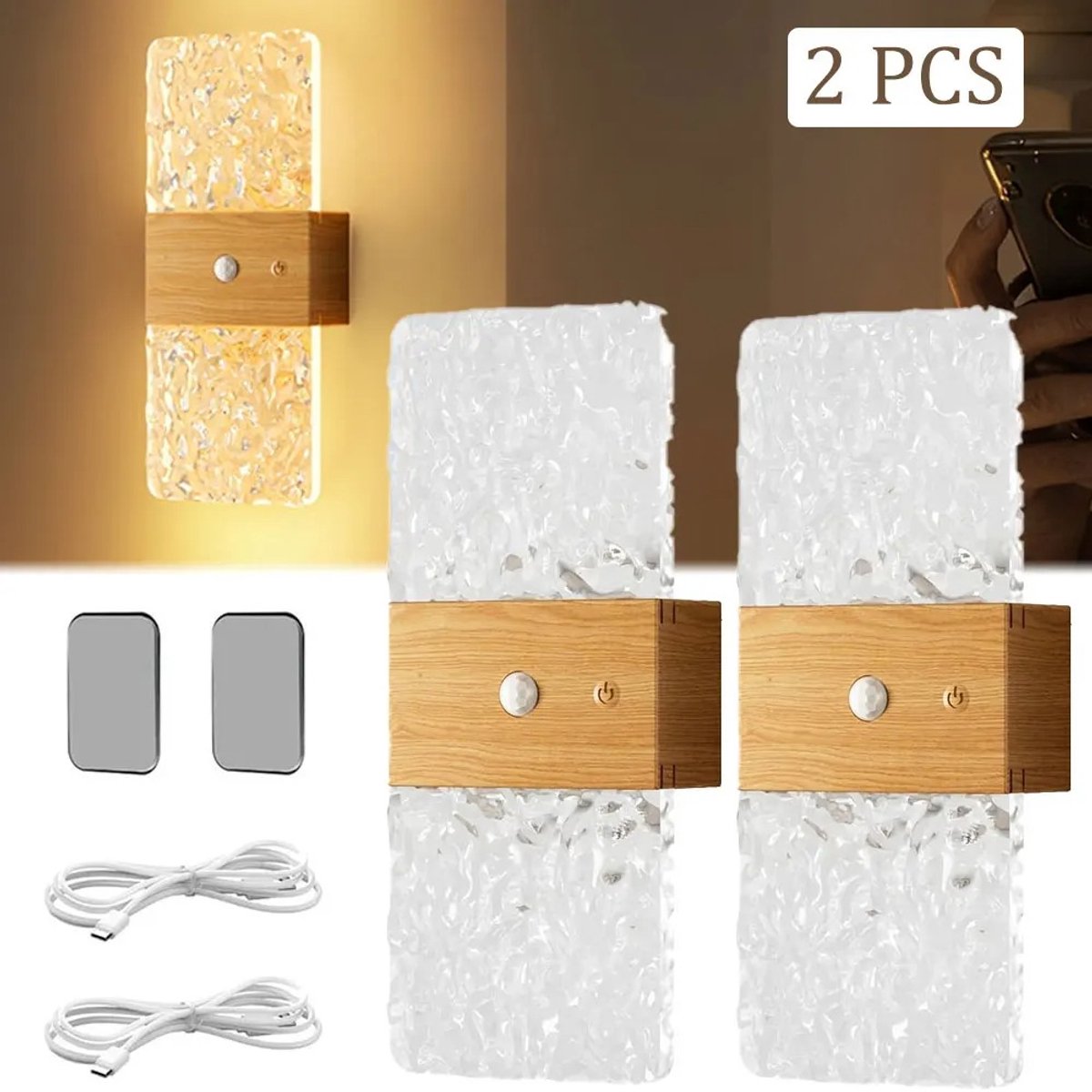 Emvae Wandlamp - Draadloos - Met Bewegingssensor - Oplaadbare LED Wandlamp - Magnetisch Nachtlicht - Houtkleurig