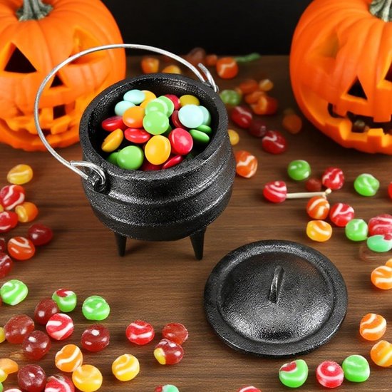 Gietijzeren Ketel - Heksenketel Decoratie - Halloween Versiering - Met Deksel en Poten - 10cm Diameter - Zwart — afbeelding 4