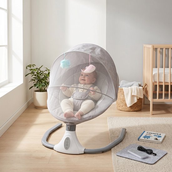 Elektrische Baby Schommelstoel met Bluetooth & Muziek - Wiegstoel met Afstandsbediening & Klamboe - Opvouwbaar - 0 tot 24 Maanden - Grijs — afbeelding 4