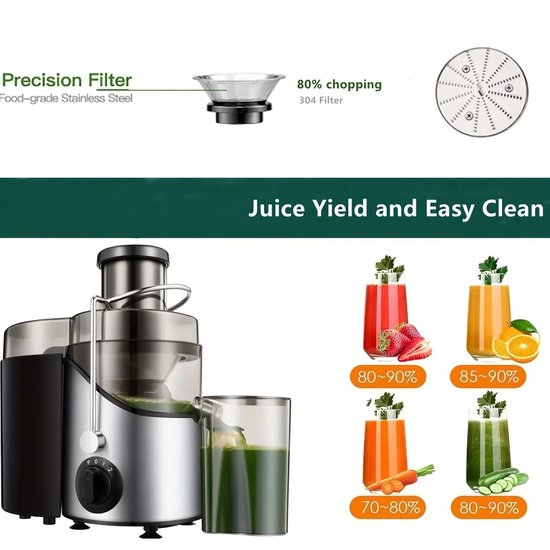 Groente- en Fruitpers, 400W, 3 snelheden, 65mm voersleuf, RVS sapcentrifuge met 1,6L sapreservoir en 0,4L pulpcontainer — afbeelding 3
