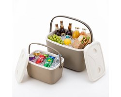 Lomera Koelbox Set van 2 - Koeltas - Koelboxen - Draagbare Koelbox 2 Stuks - Koelbox voor Camping - Koelbox voor Picknick - Koelbox voor Strand - Koelbox met Deksel en Handvat - Koelbox zonder Stroom - Frigobox - Coolbox - Taupe