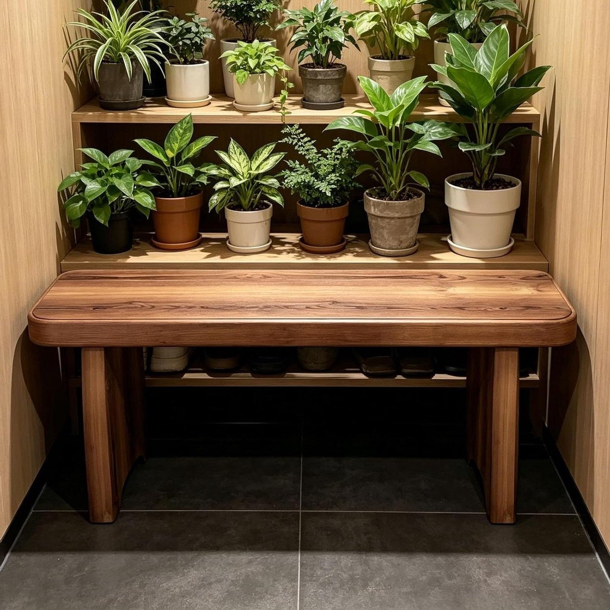 Houten Plantenstandaard - Bloempottenrek Bankje - Zitplek Creëren - Massief Houten Constructie - 120x20x15cm - Natuurlijk Hout