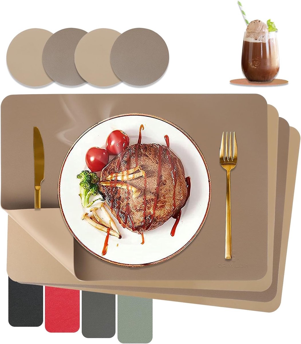 Set van 4 Hittebestendige Dubbelzijdige Placemat in Leerlook - Afwasbaar Tafelset