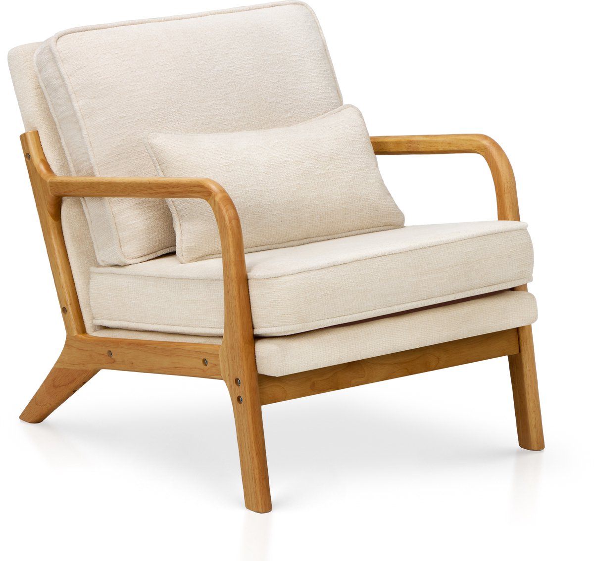 COLAMY midcentury fauteuil — met lendenkussen — massief houten frame — beige