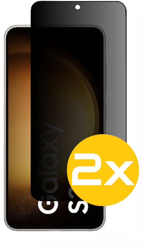 Galaxy S23 telefoon met een privacy screenprotector en een gele cirkel met 'nx'.