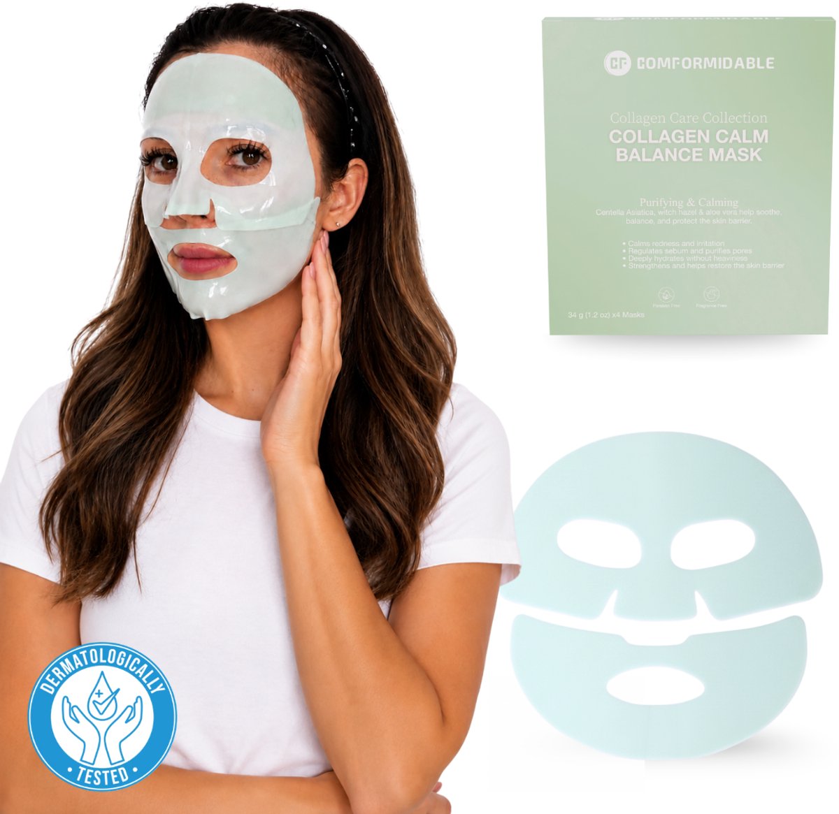 Comformidable® Collageen Masker 4x – Gezichtsmasker – Kalmerend & Zuiverend – Voor Gevoelige of Onzuivere Huid – Korean Skincare – 34g