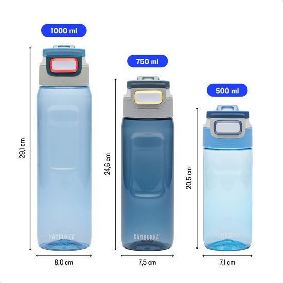 Trois tailles de bouteilles d'eau bleues Kambukka : 1000 ml (29,1 cm), 750 ml (24,6 cm) et 500 ml (20,5 cm).