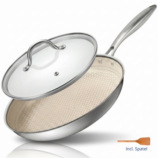 Morelia® Keramische Koekenpan Ø 20 cm met Glazen Deksel - Koekenpan Inductie - PFAS Vrij - Keramische Anti aanbaklaag - Oven en Vaatwasserbestendig - Beige