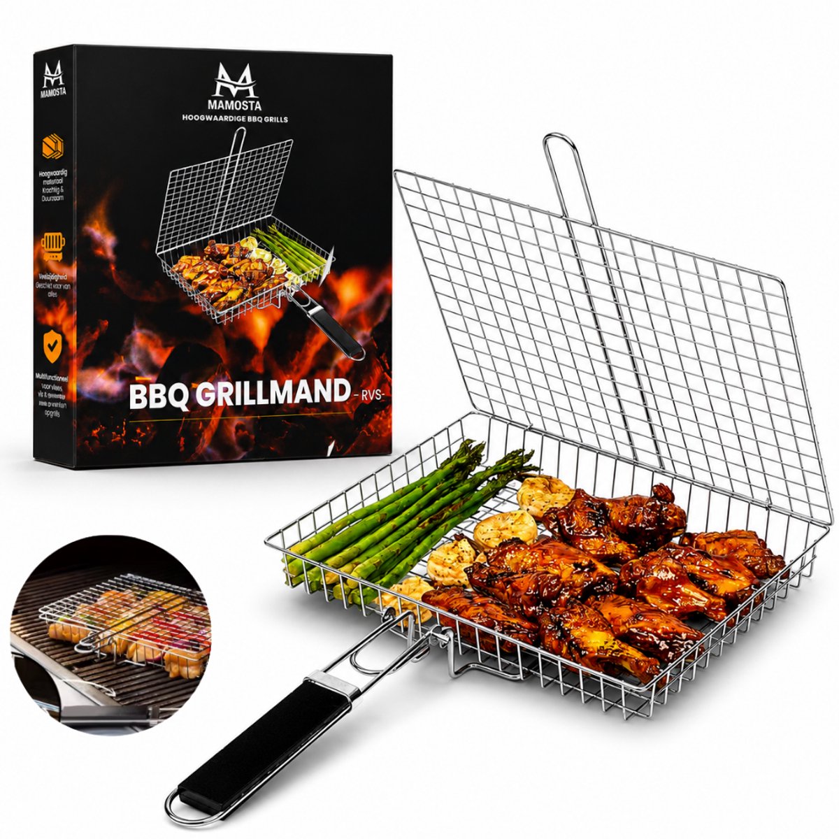 Mamosta® BBQ Grillmand - BBQ Accessoires - Klemrooster - Grillrooster - RVS - Barbeque - Outdoor Gereedschap - Camping & Tuin - Inklapbaar