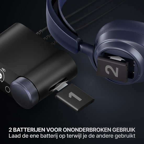 Draadloze headset met twee batterijen, één in de oplader, één in de headset.