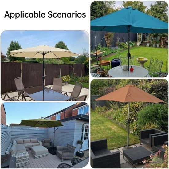 Parasols in verschillende kleuren (beige, groen, bruin) in tuinen en op terrassen.