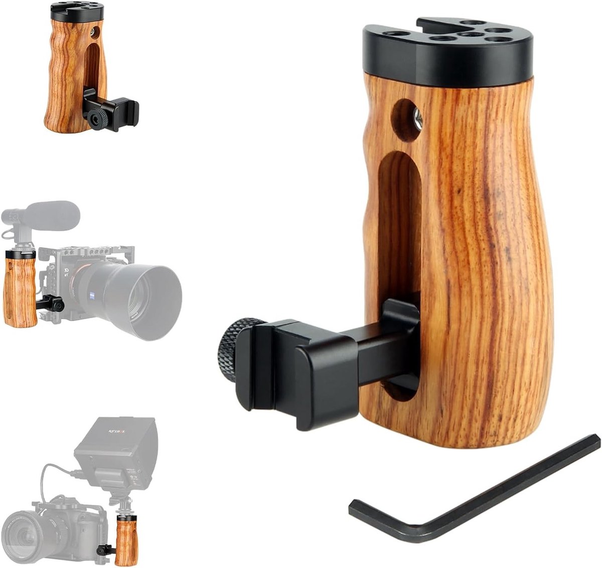 Houten handgreep met NATO-klem en geïntegreerde cold shoe houder voor DSLR camera cage, geschikt voor videoproductie en fotografie