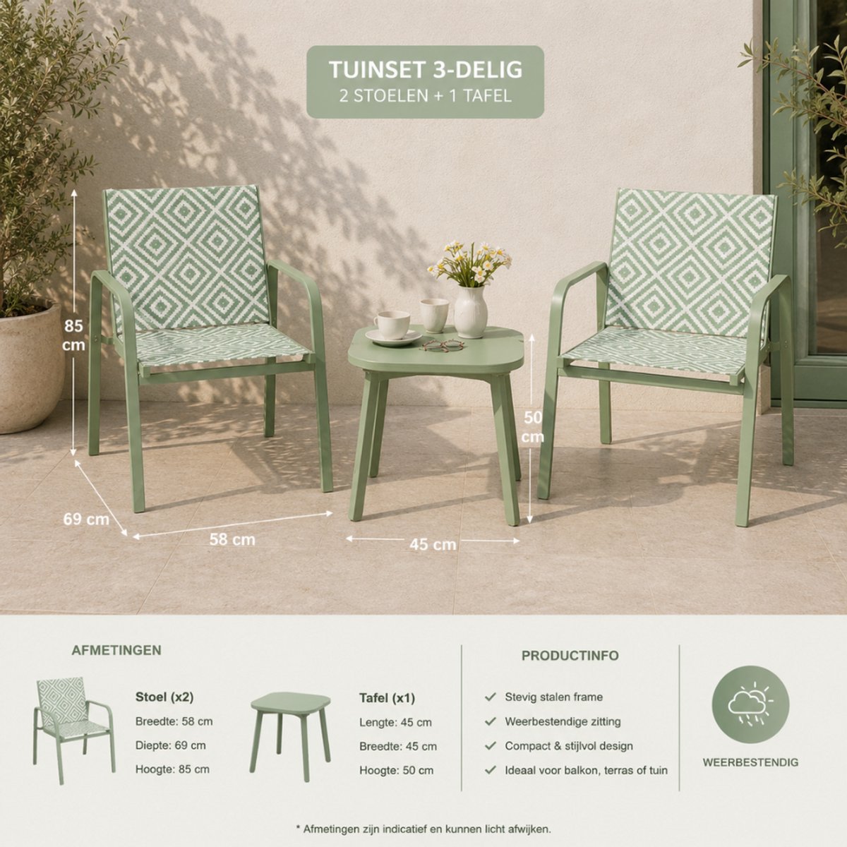HIXA Tuinset - 3-delig - Mintgroen - Bistroset - Tuintafel - met Stoelen - 2 Personen - Balkonset - 2 Persoons - Loungeset - Table de Jardin - LIVARA – foto 4