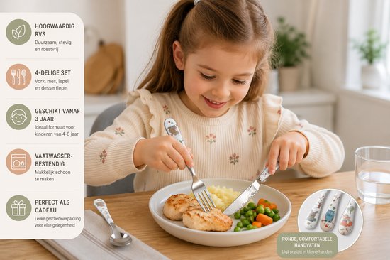 4-Delig Kinder Bestekset RVS - Vork, Lepel, Dessertlepel en Mes - Bosdieren (Vanaf 3 jaar) van Prêt-à-Paquet — afbeelding 2