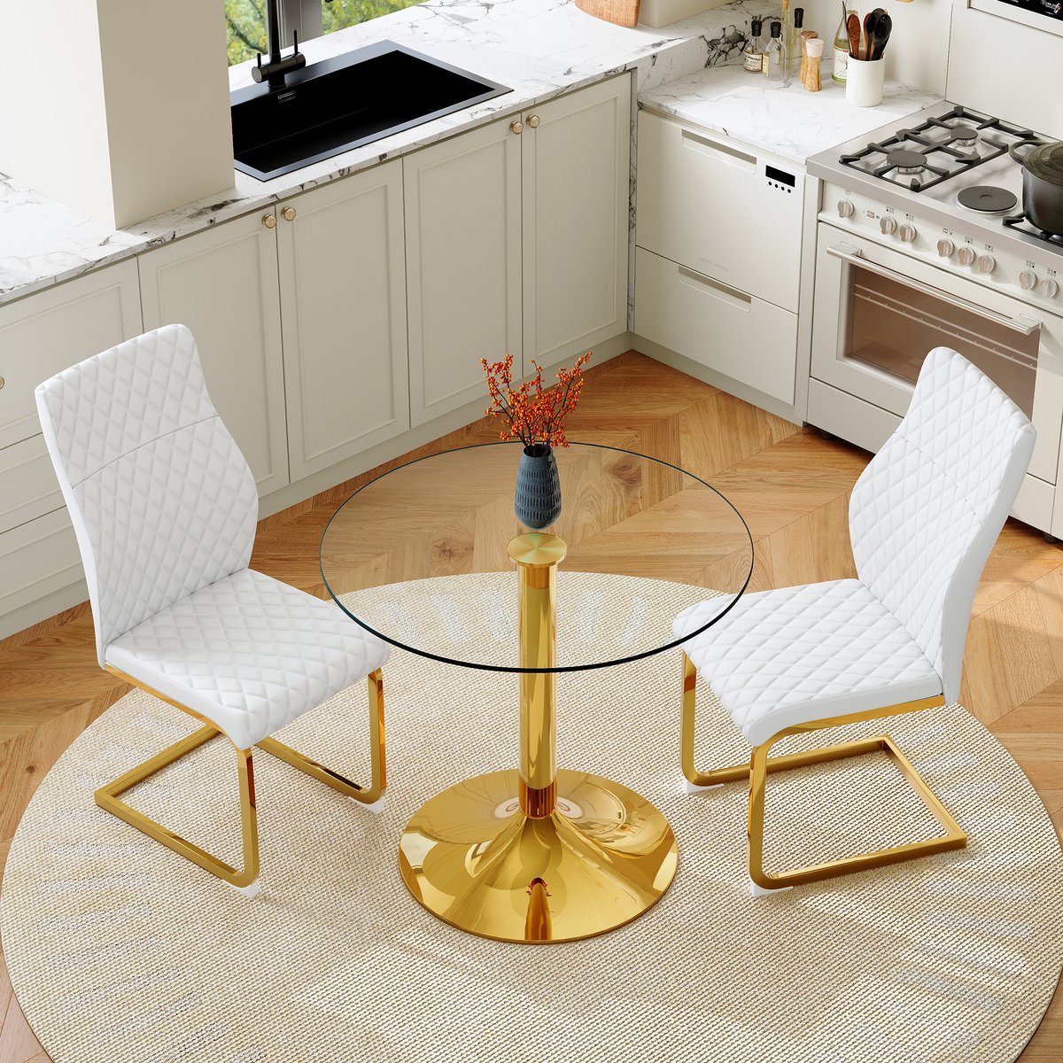 Tafel- en stoelenset: Ronde glazen tafel met een diameter van 85 cm in een ietwat luxueuze