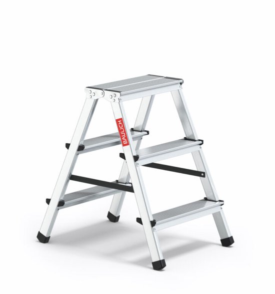 Aluminium vouwladder van BAULICH met 3 treden, rood logo, op witte achtergrond.