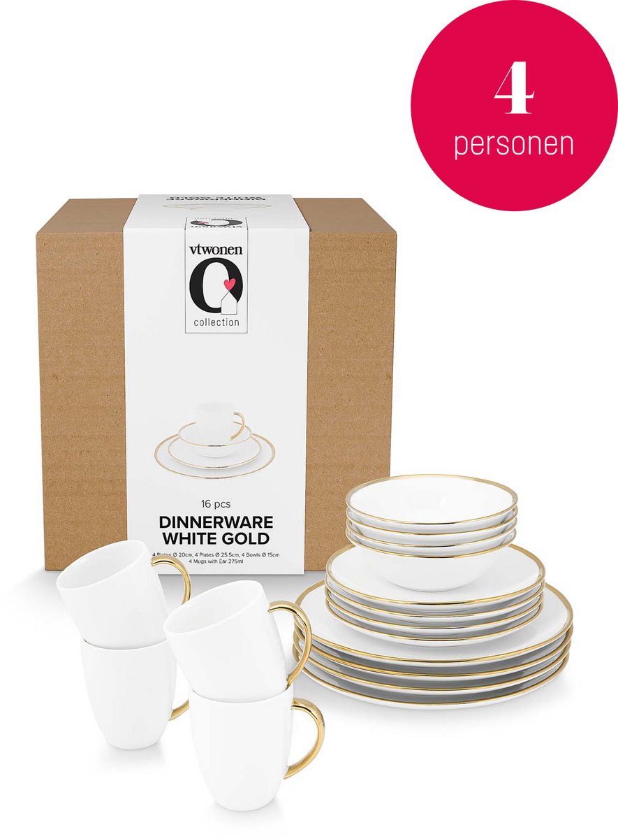 Bol.com vtwonen - Basic - voor 4 Personen - Serviesset - Wit - Porselein - Servies aanbieding