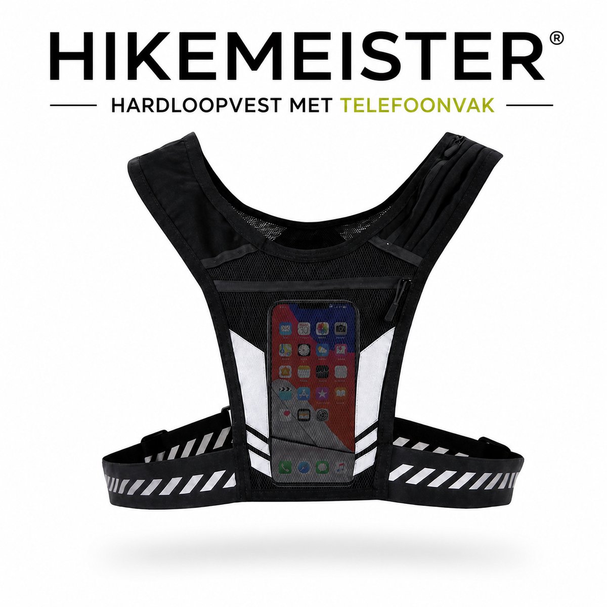 Hikemeister® Reflecterend hardloopvest met Drinkhouder & Telefoonhouder – Verstelbaar Sportvest – Reflecterend – One Size – Unisex - Zwart– drinkvest rugzak - trailrugzak – running vest - hardloopvest