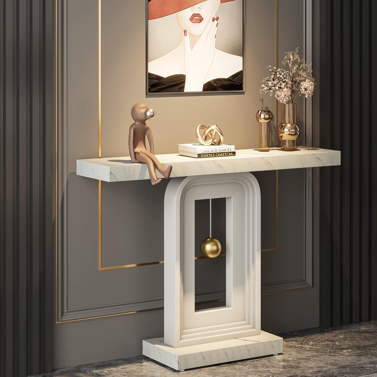 Consoletafel smal 100 cm – witte haltafel met marmerlook blad en moderne design voet, gangtafel / sidetable voor woonkamer en entree – Dader
