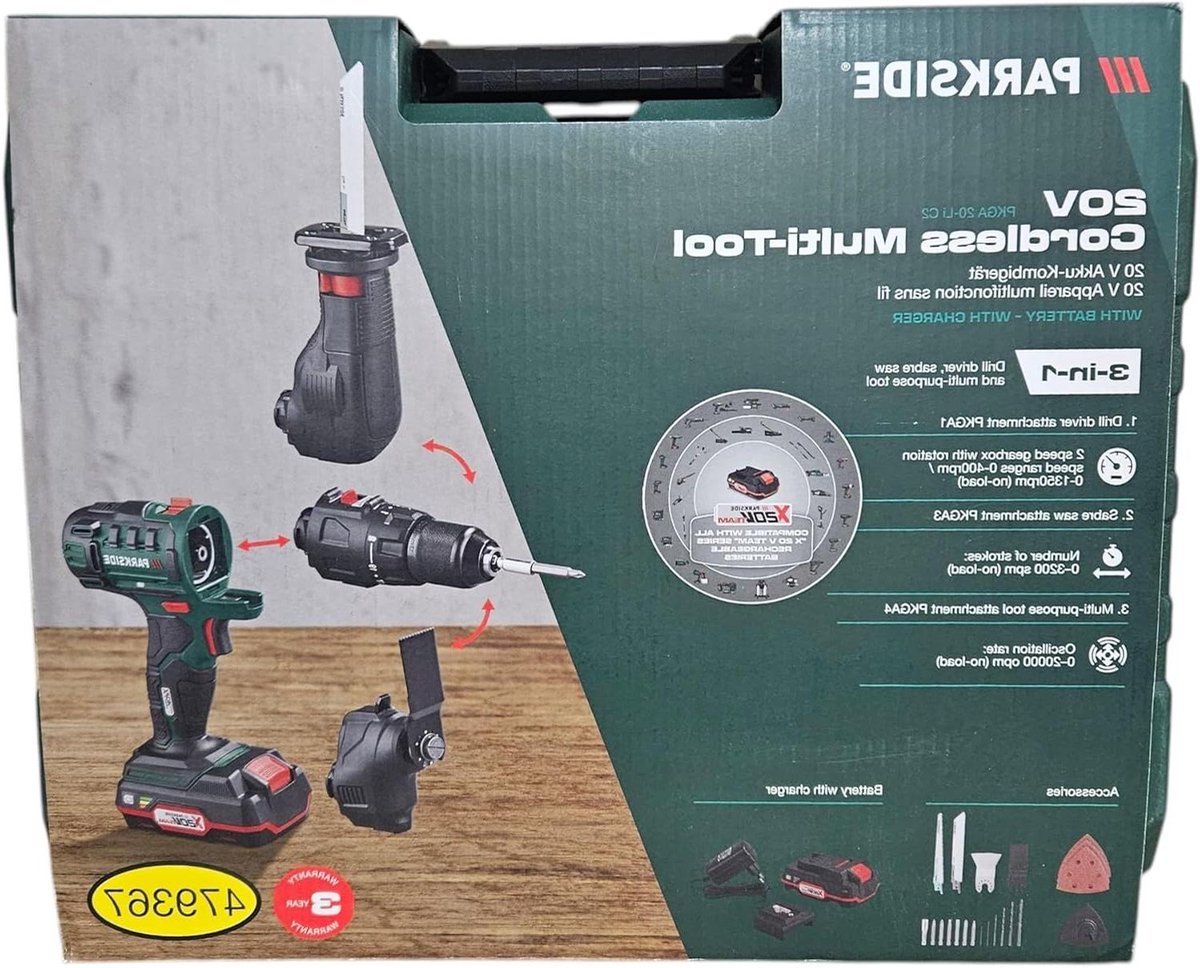 Draadloos Gereedschap 3-in-1 - Multifunctioneel Gereedschap - Doe-het-zelf Projecten - Snel Wisselen van Opzetstukken - 20 Volt - Zwart