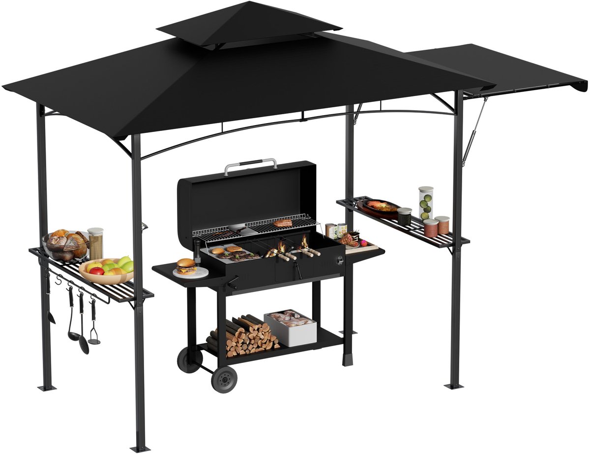 Aufun grillpaviljoen met zijplateau, dubbel dak, 2 tafels, haken en flesopener – uitschuifbaar met gasveer, bescherming voor tuin en grill, 245x141x253 cm, Zwart