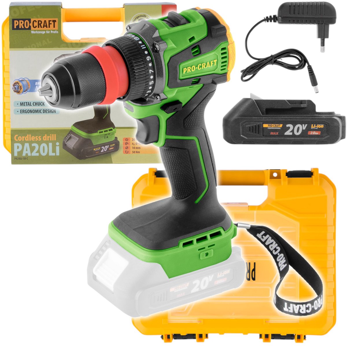 Procraft PA20LiDFR accuboormachine 20 V 50 Nm borstelloos + 1x accu 2,0 Ah + oplader + koffer