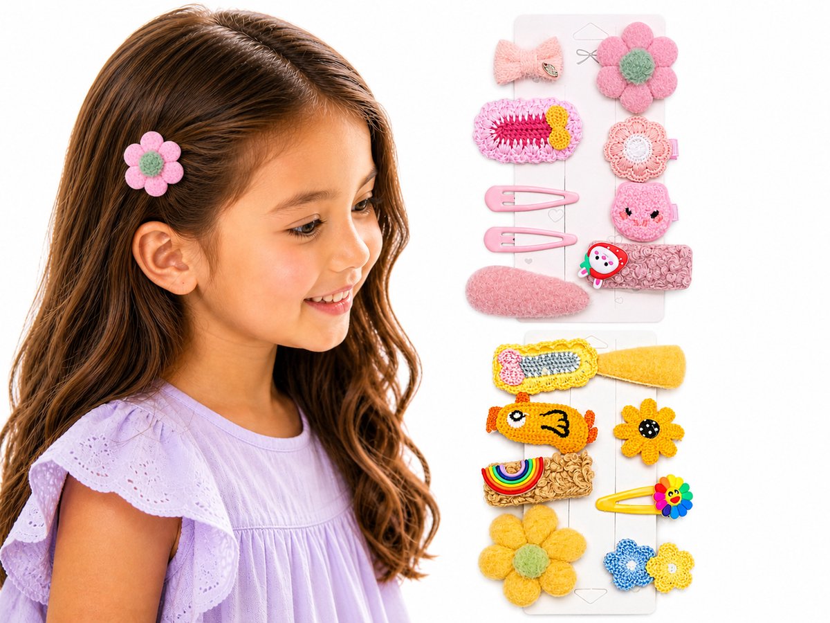 Tolvia Kinder Haarclips Set - 17 Stuks (2-Pack) - Cartoon en Bloem Haaraccessoires voor Meisjes - Kleurrijke Haarspeldjes - Geel & Roze