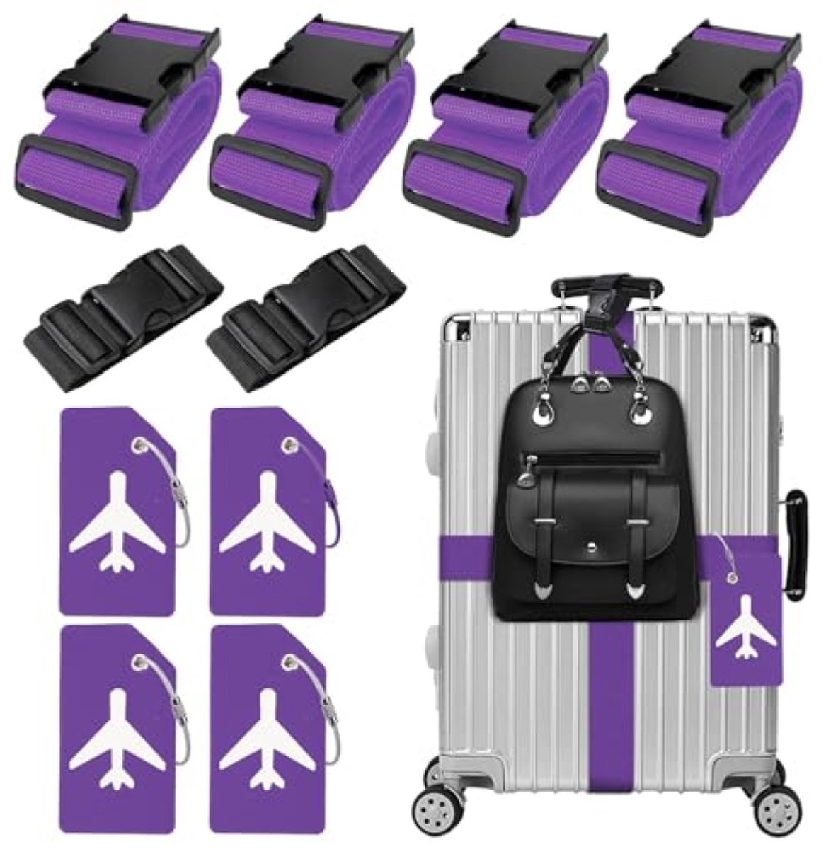 4 stuks kofferriemen + 4 stuks kofferlabels + 2 stuks extra bagageriemen - Verstelbare bagageriemen set - Opvallende paarse reisaccessoires