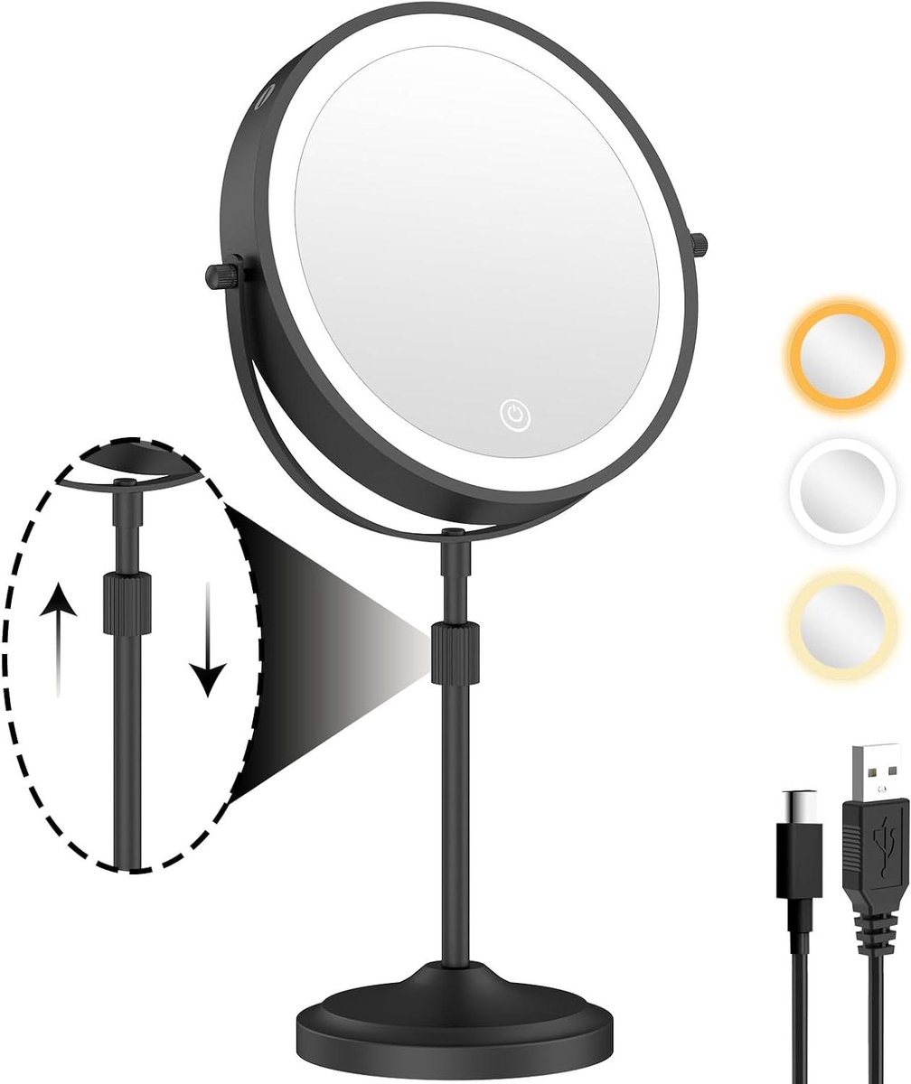 Verlichte Make-upspiegel - Vergrotingsspiegel Tafelspiegel - Make-up Aanbrengen - In Hoogte Verstelbaar - 229 cm Diameter - Zwart