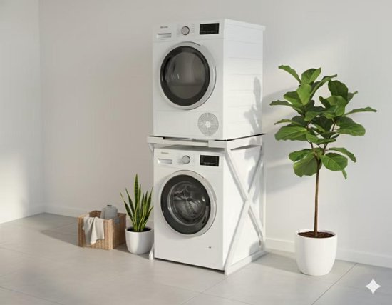 Wit wasmachine-opbouwmeubel met een droger erop. Naast een plant en een mandje.