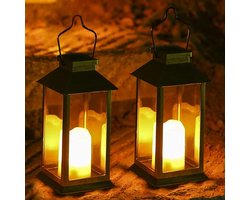 Set van 2 op zonne-energie werkende lantaarns, hangende tuinlantaarns van 30 cm met knipperende, vlamloze LED-kaarsen, geschikt voor terrassen, tafels en woningen (zwart)