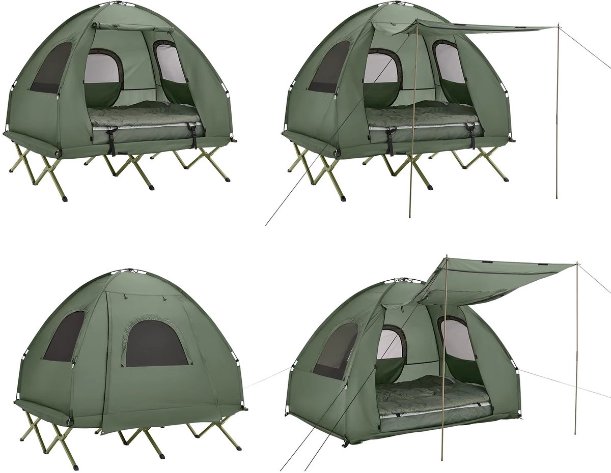 Archi 2-Persoons kampeertent – Tent - Kamperen - 4-in-1 – Stapelbed - Incl. luchtbed & slaapzak – Met draagtas op wielen – Groen
