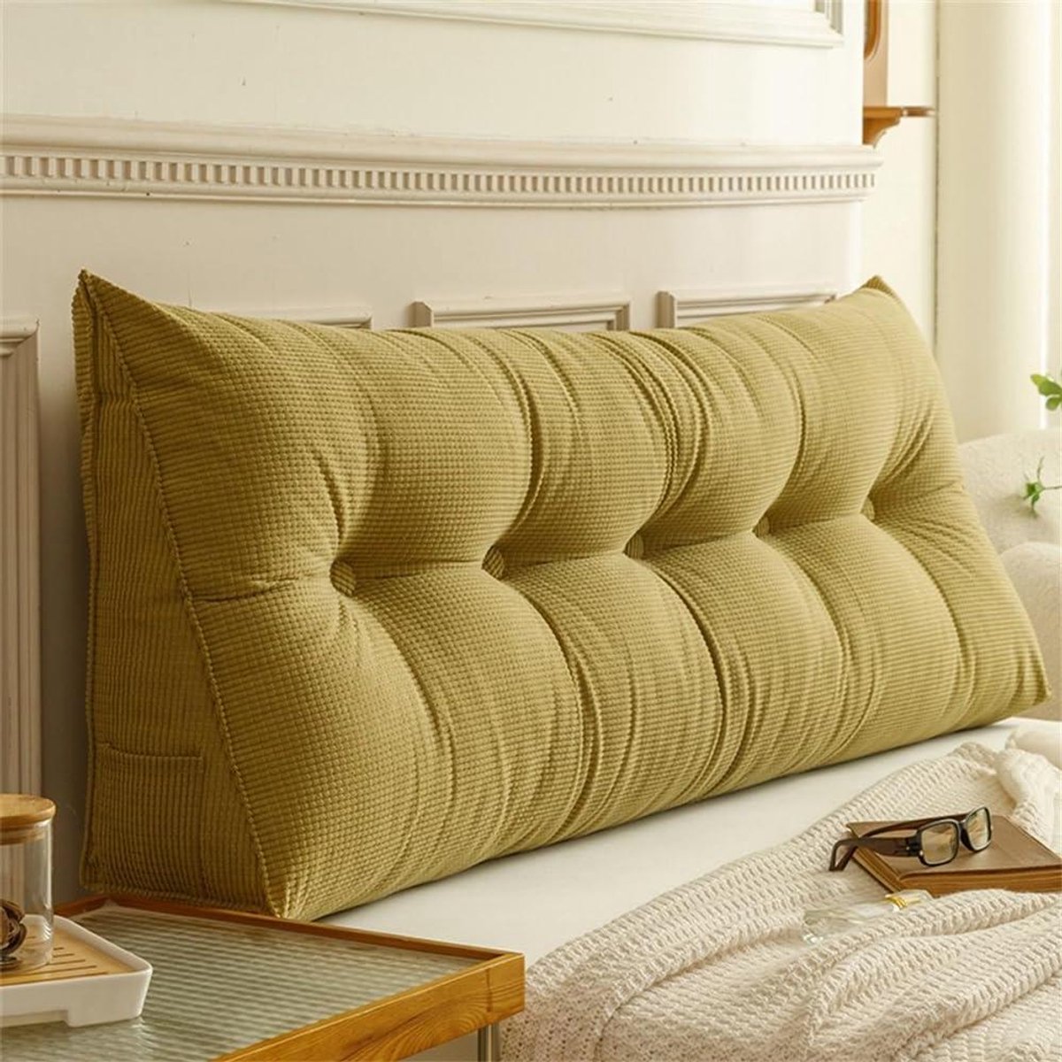 Wigkussen - Leeskussen Lendensteun - Ontspannen in Bed - Zijvak voor Afstandsbediening - 60x40x12cm - Geel