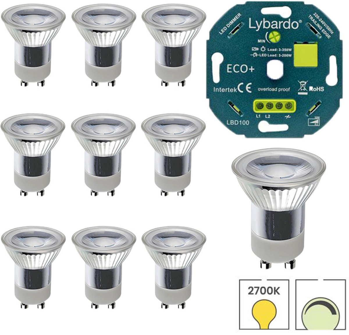 Lybardo - GU10 LED lamp - GU11 spot 35mm - 10 pack - 3W - Dimbaar - Warmwit Licht + LED Dimmer 3-200W