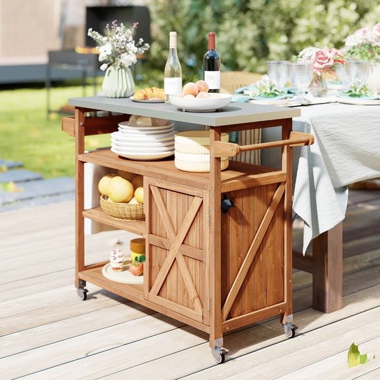 Buitenkeuken op Wielen - BBQ Trolley - Met Opbergkast & Planken - Werktafel voor Buiten - Hout & Metaal - Multifunctioneel - Koffie + Zilver van Merkloos — afbeelding 2