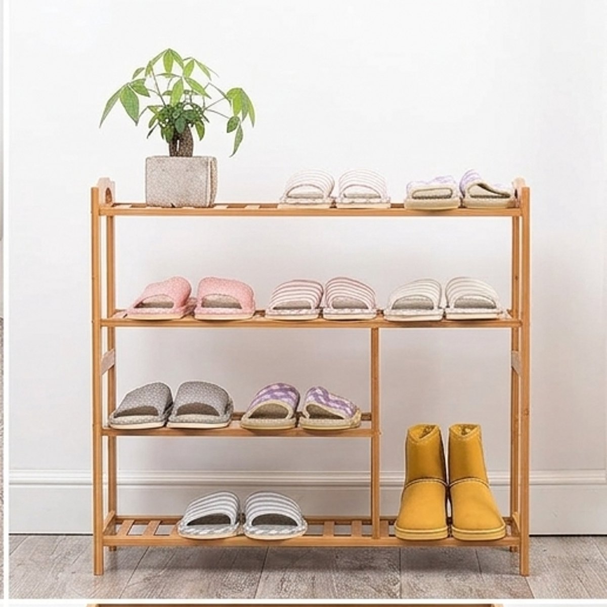 Bamboe Schoenenrek 4 Lagen – Opvouwbaar & Stapelbaar Schoenenrek – Multifunctioneel Opbergrek voor Schoenen, Planten & Boeken – Duurzaam Natuurlijk Bamboe – Ruimtebesparend Design - Ganeey