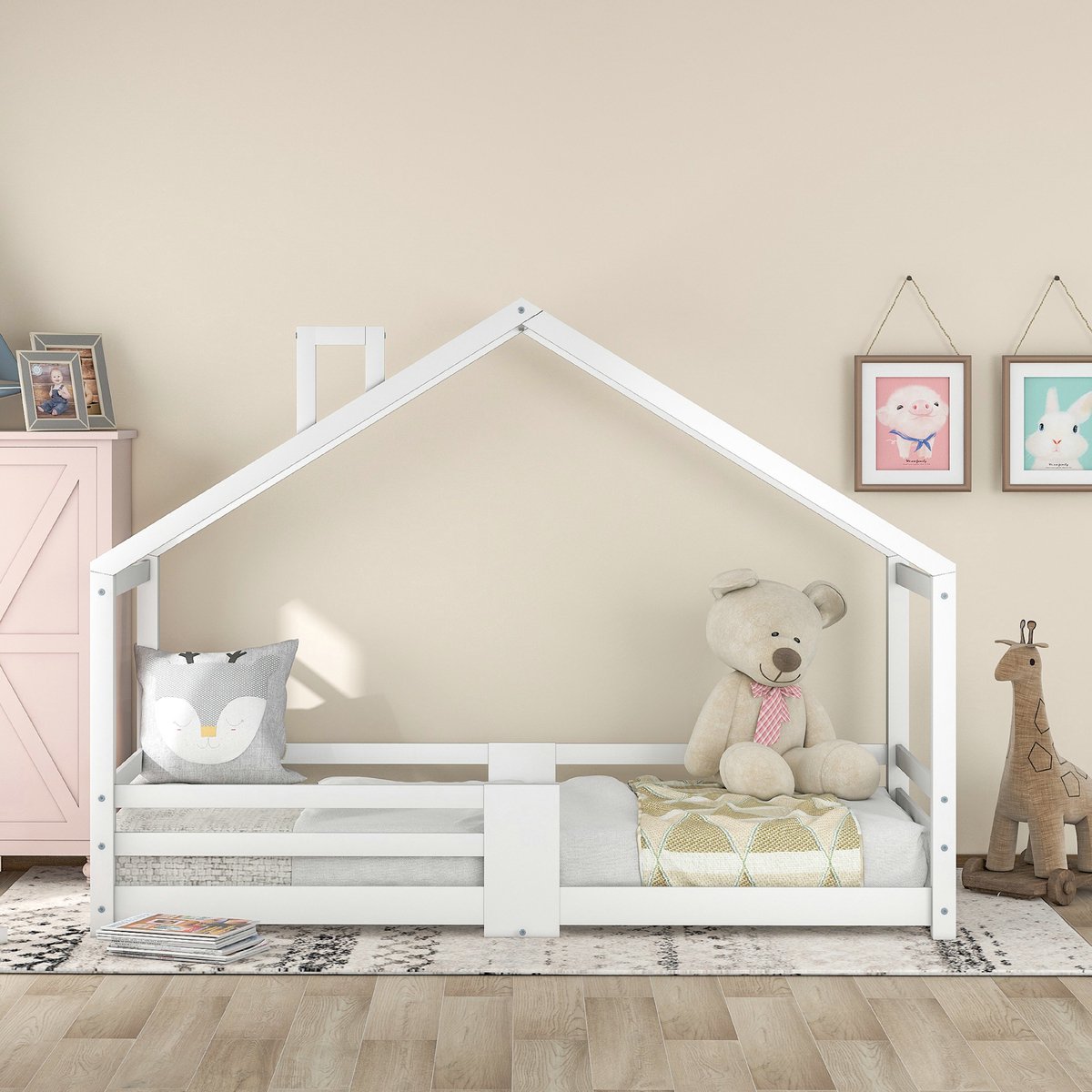 VVBV Huisbed 90x200 – Veiligheidshek – Huisbed 90x200 – Kinderbed 90x200 – Grenenhout – Zonder Matras – Wit – Lattenbodem – Massief Hout
