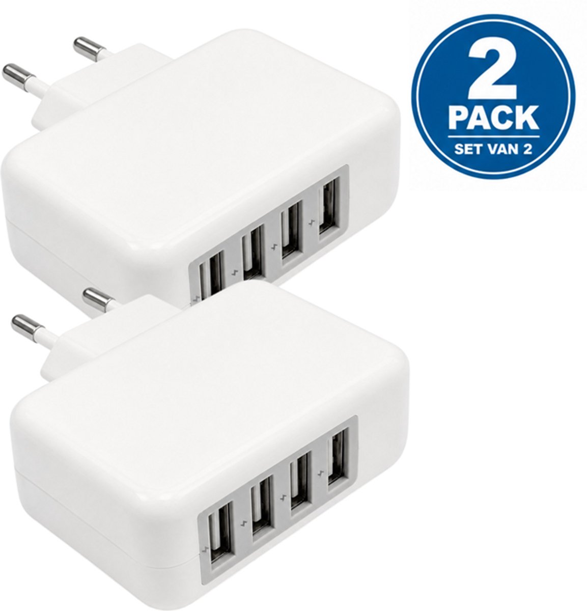 Gebra USB Oplader 2-Pack – 4 Poorts USB Oplader 4.5A – Snellader met Smart IC – 2x USB Charger – Wit