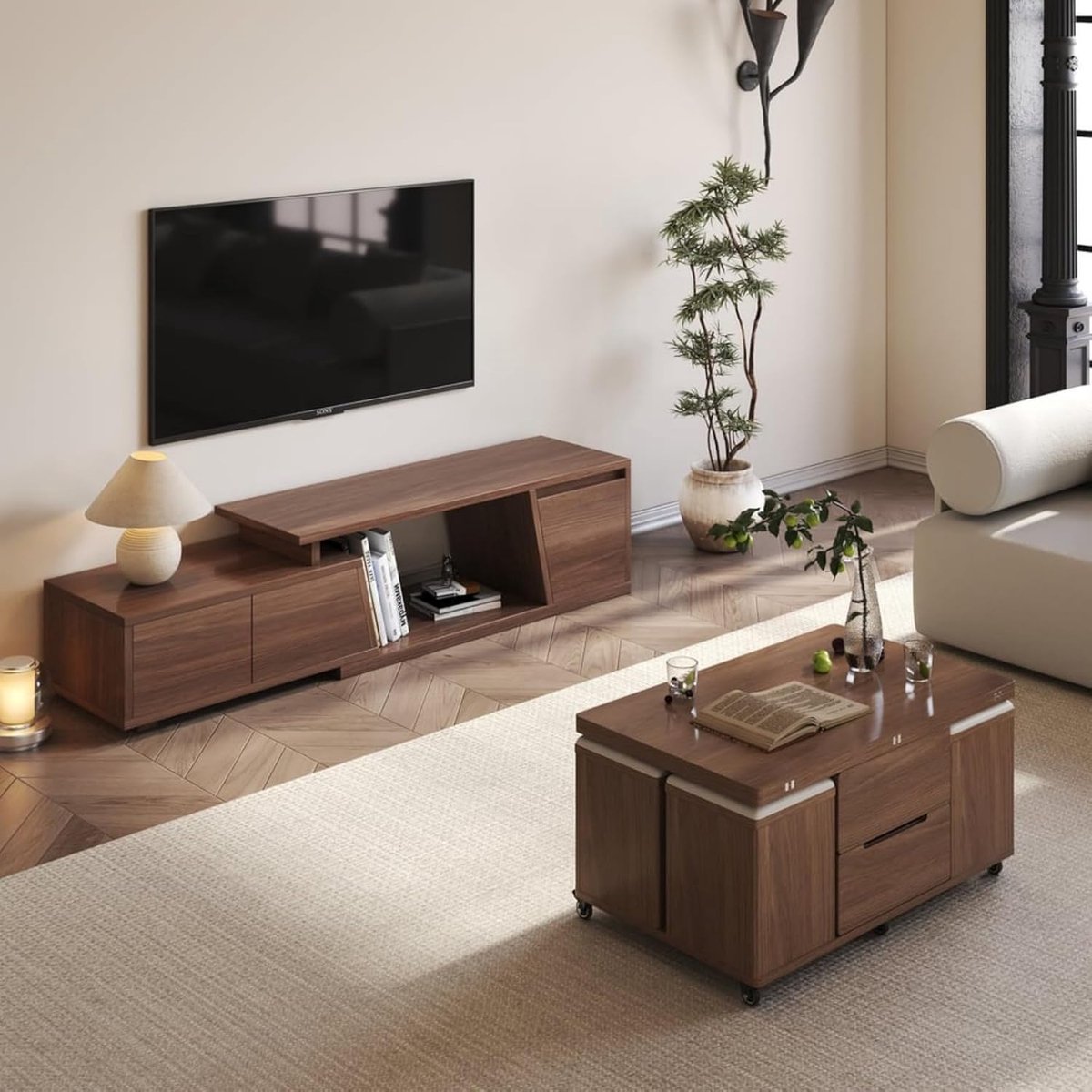 TV-meubel uitschuifbaar 180–280 cm walnoot met 3 laden en kabelbeheer – Modern tv lowboard voor tv’s tot 120 inch, 180x40x40 cm – Dader