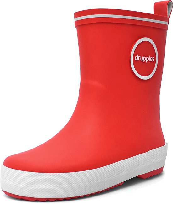 Hoge rode rubberen laars met witte rand en Druppies logo.