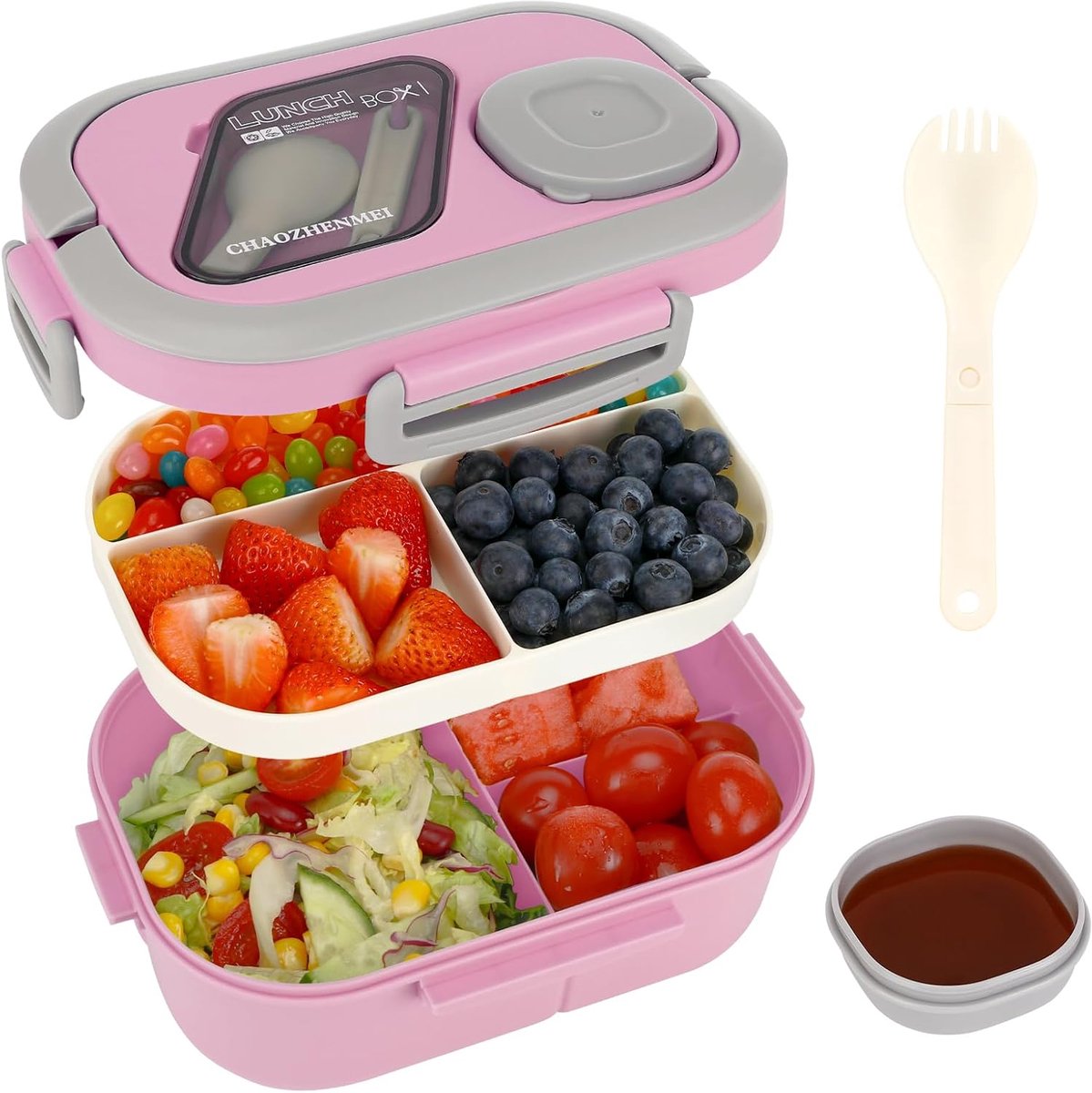 VHV - Broodtrommel - Lunchbox - Broodtrommel kinderen - Lunchbox volwassenen - 1200 ml - Lunchbox voor kinderen en volwassenen - Met 3 compartimenten - Lekvrij - BPA-vrij - Vaatwasmachinebestendig - Voor school - Picknicks en werk - Roze